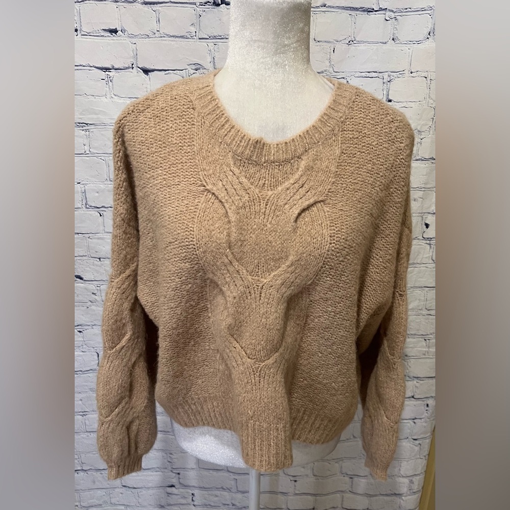 Debut Womens Soft Pullover Chunky Sweater Balloon Sleeve Soft Tan Brown Small